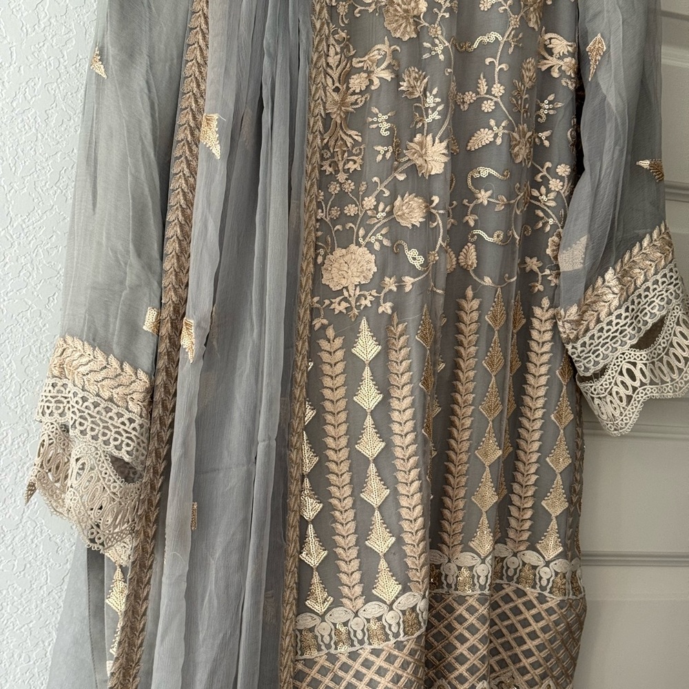 Gray Dress with Gold Embroidery and Lace